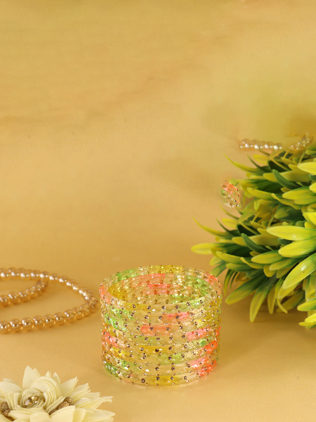 NMII Set Of 8 American Diamond & Crystal Studded Glass Bangles