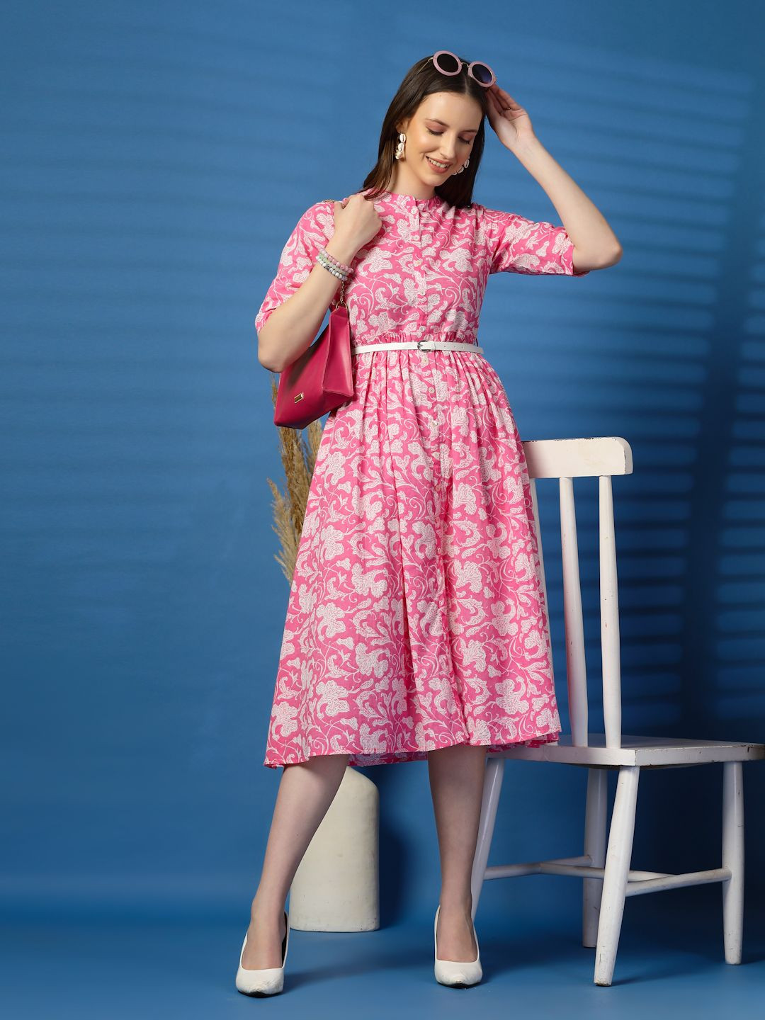 Ramas Floral Print Mandarin Collar Fit and Flare Midi Dress