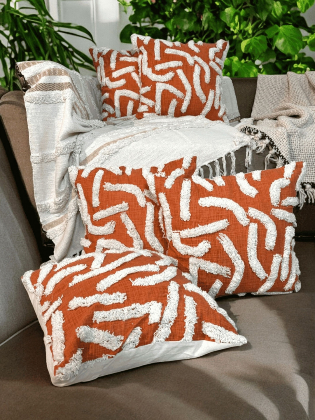 LUSHLYF Rustic Waves Tufted Embroidered Cotton 5 Pcs Cushion Covers - 17.7 x 17.7 In