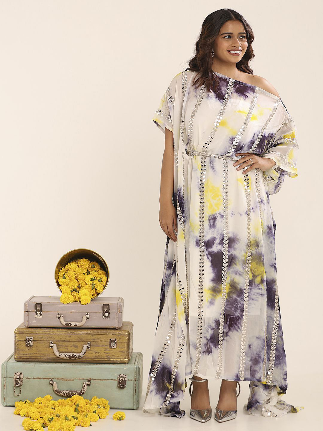 THE BLESSED WARDROBE Embelished Tie And Dye Georgette A-Line Maxi Dress