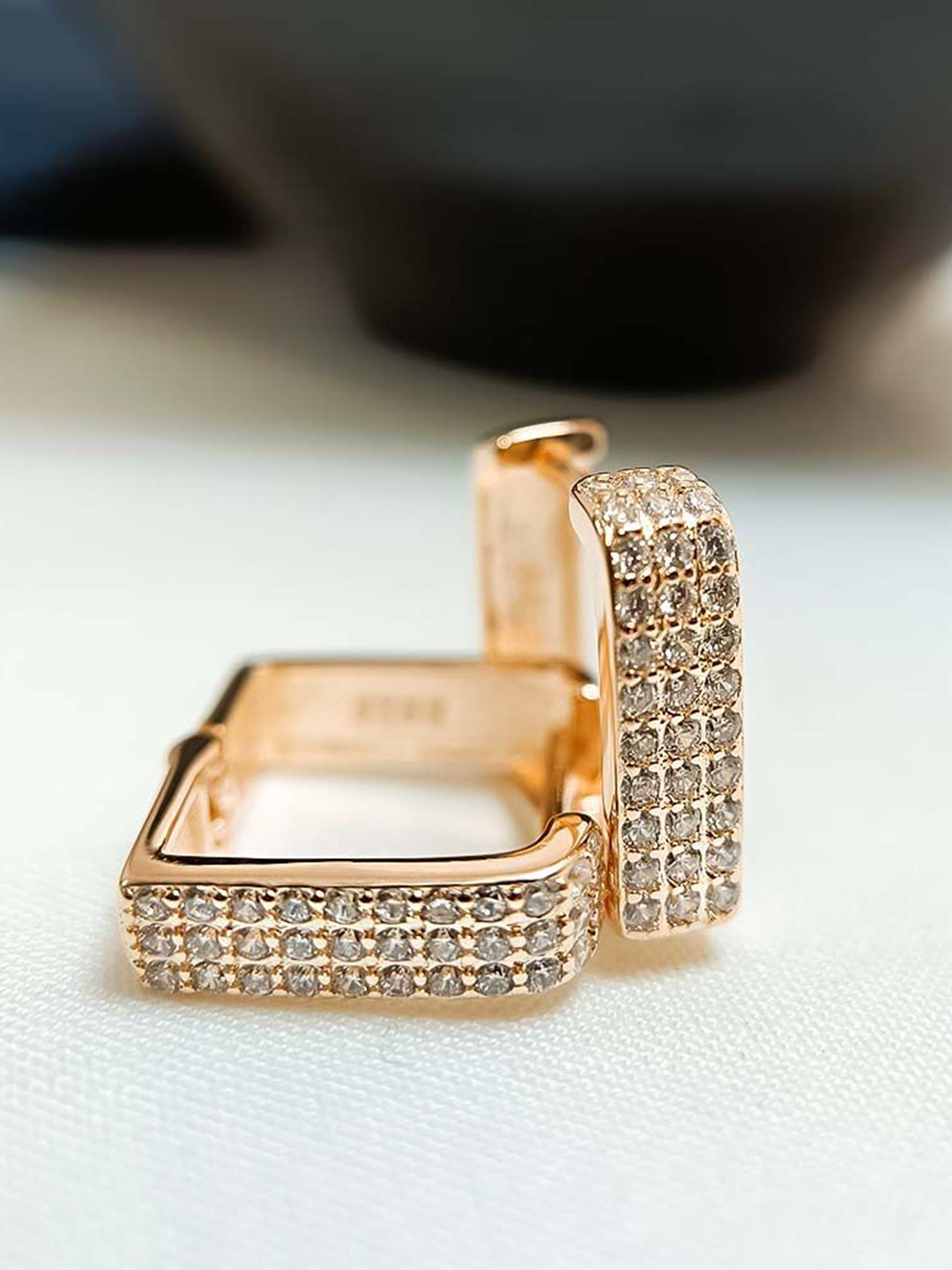 INARI SHINES 925 Silver Rose Gold-Plated Zircon Studded Square Shaped Hoop Earrings