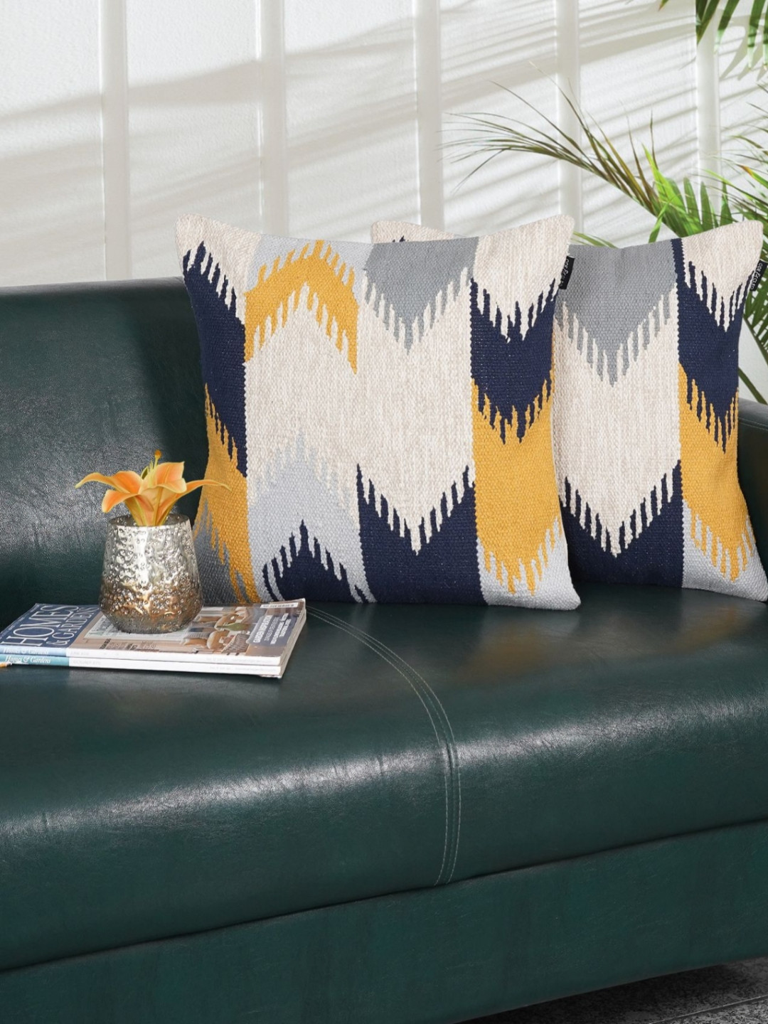 Ode & Cleo Abstract Beige Geometric Cotton 2 Piece Textured Square Cushion Covers -18x18In