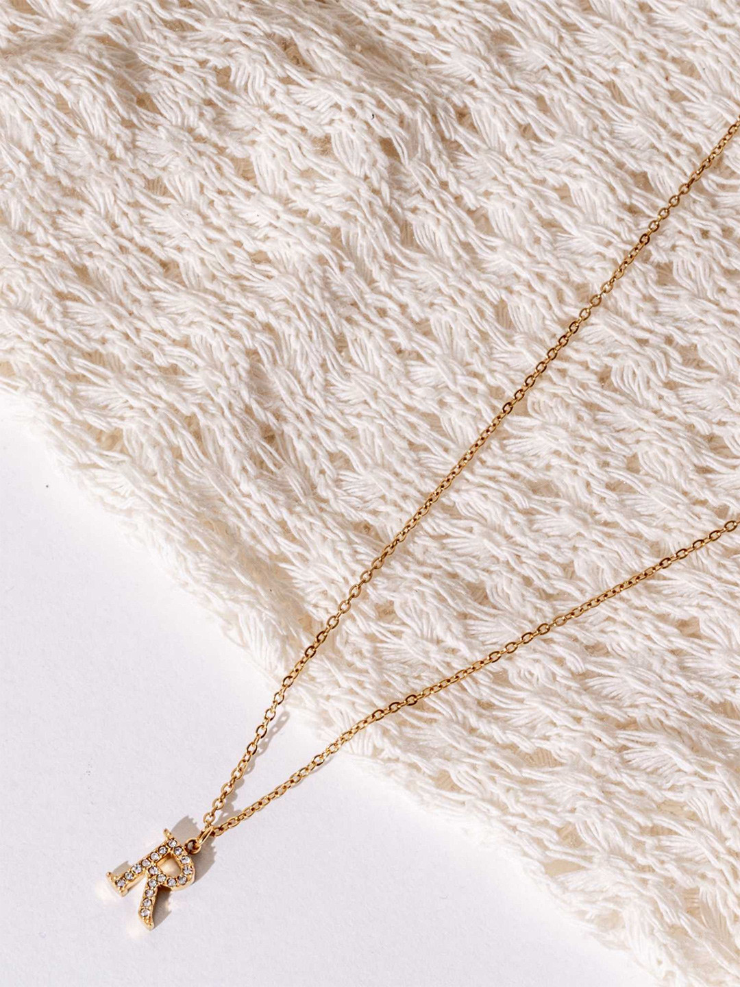 ZAISHA 18k Gold-Plated Artificial Stones Studded Alphabet R Pendants With Chains