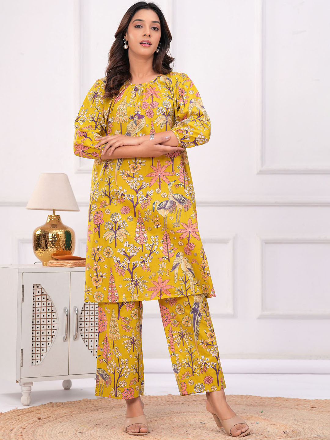 Ka-mee Floral Printed Round Neck Pure Cotton  Tunic With Trouser