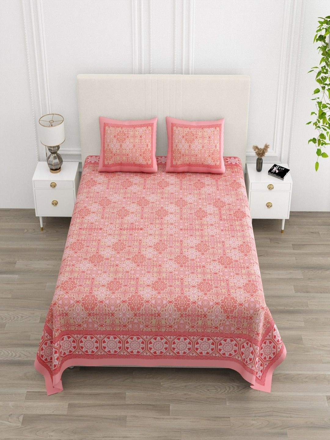 tundwal's Red Floral Cotton 210 TC King Bedsheet with 2 Pillow Covers-220 x 274 cm
