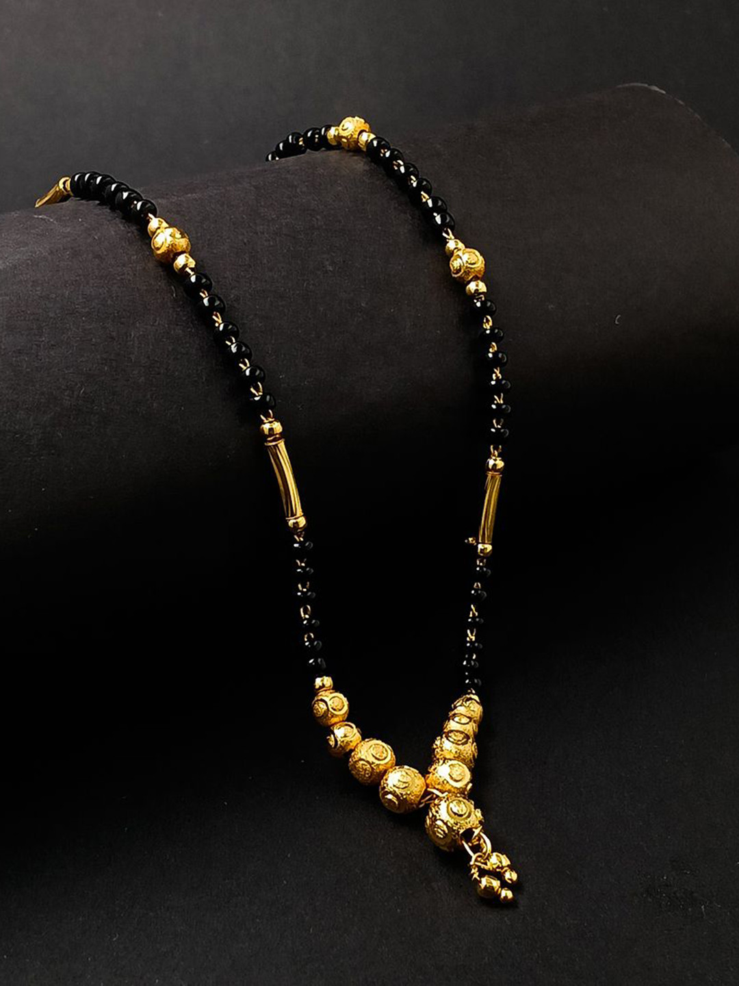 Saizen Gold-Plated Black & Gold-Toned Beaded Mangalsutra