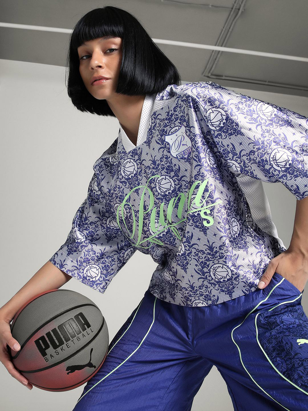 Puma Lace Em Ups Division Women Floral Printed Oversized Basketball T-Shirt