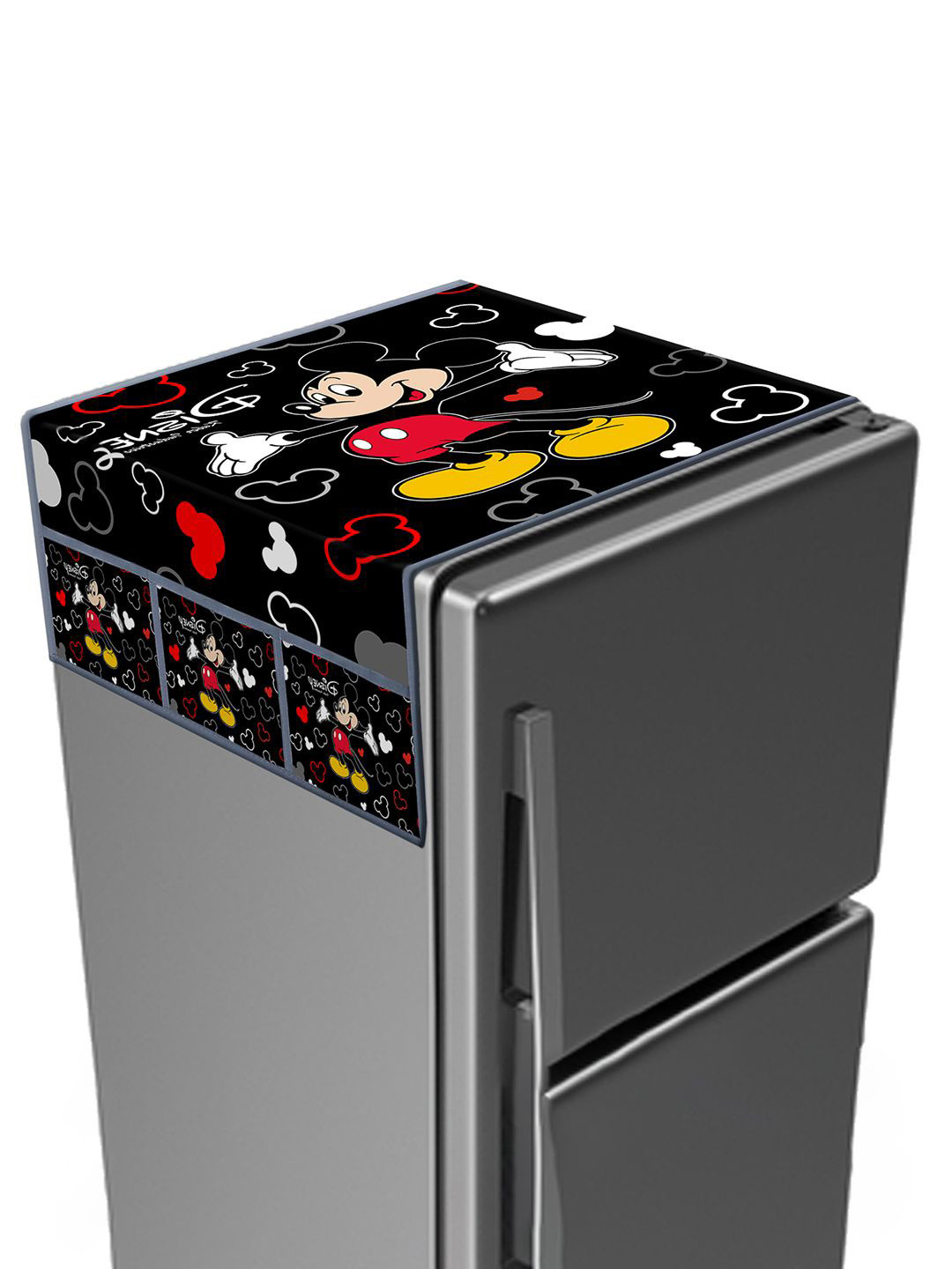 Kuber Industries Black Disney Print Satin Fridge Top Cover With 6 Utility Side Pockets