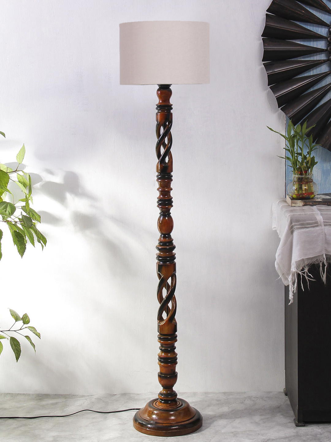 Devansh Grey & Brown Open Snake Cylindrical Wooden Floor Lamps