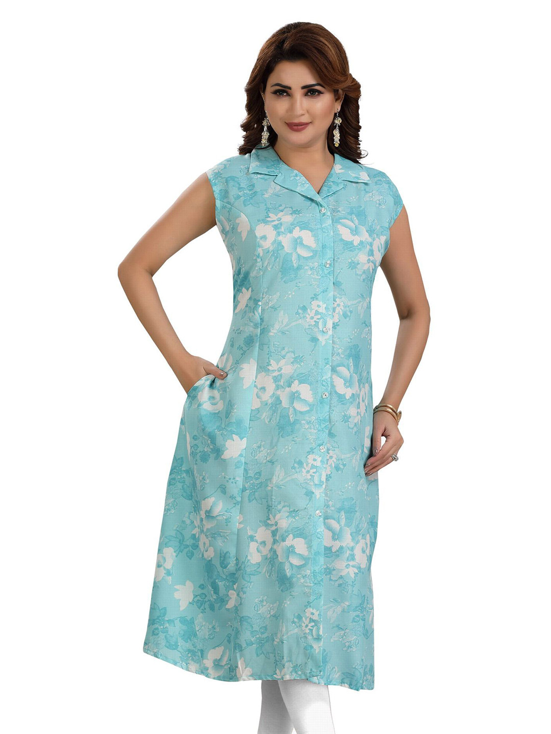 Meher Impex Floral Printed Lapel Collar Neck Sleeveless Panelled A-Line Kurta