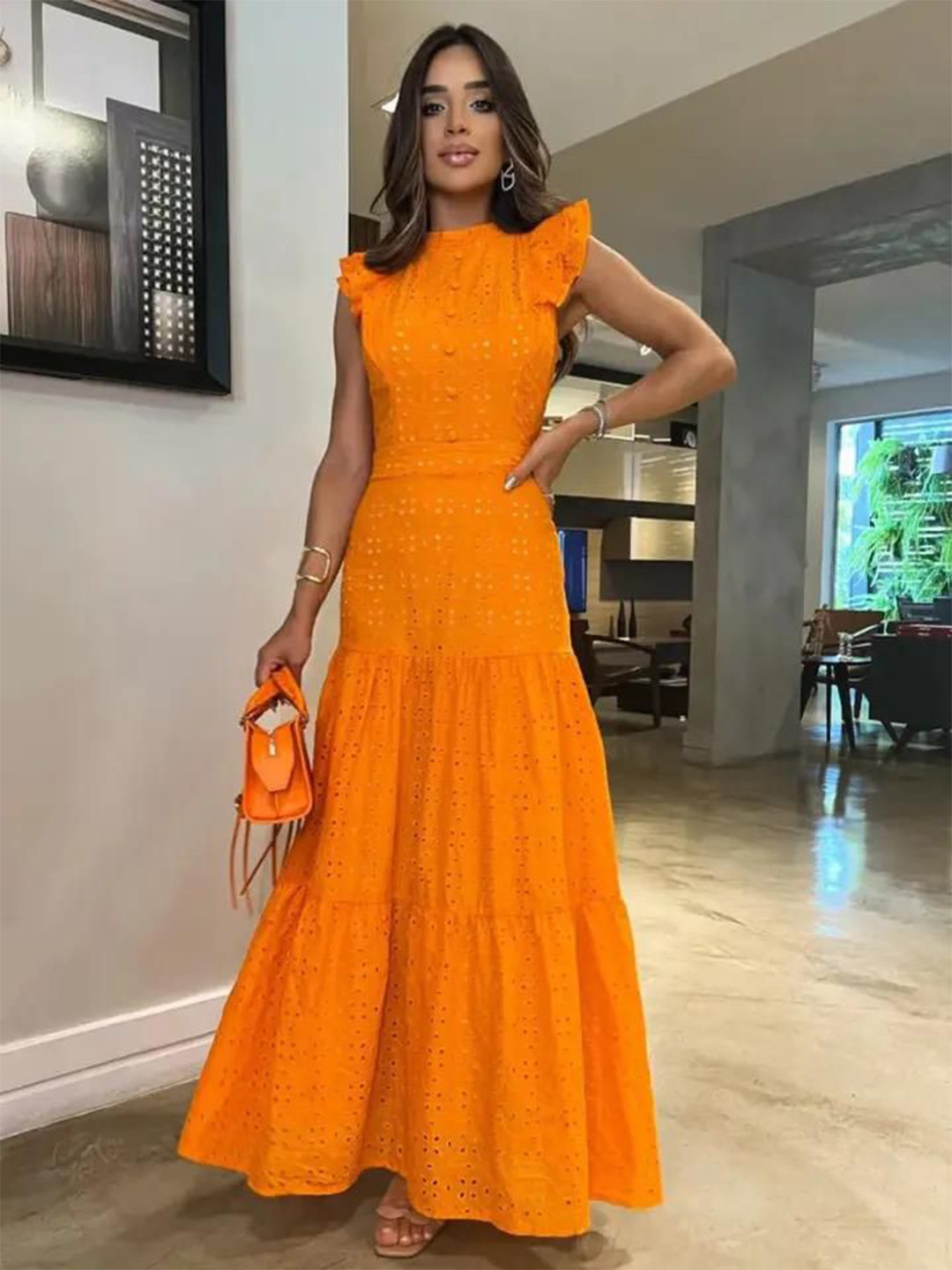 Miss Mosa By Akanksha  Orange Alessia Eyelet Summer Dress