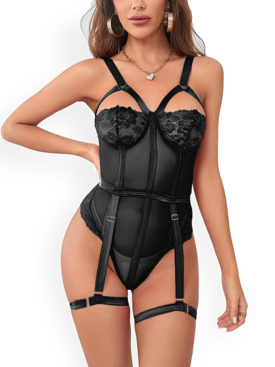 VAGHBHATT Women Net with Garter Belt Baby Doll