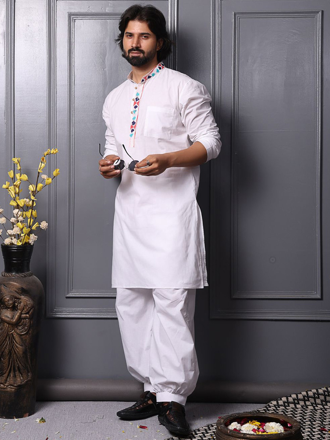 MIDAV Men Thread Work White Romance Pathani Kurta
