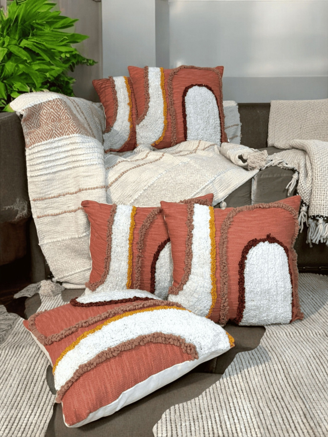 LUSHLYF Sunburst Delight Tufted Embroidered Cotton 5 Pcs Cushion Covers - 17.7 x 17.7 In