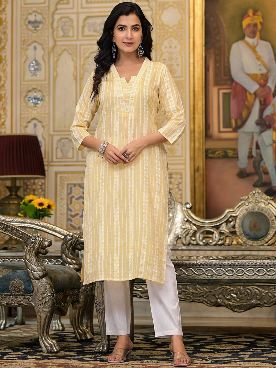 The Hope Woven Design V-Neck Pure Cotton Kurta With Trousers