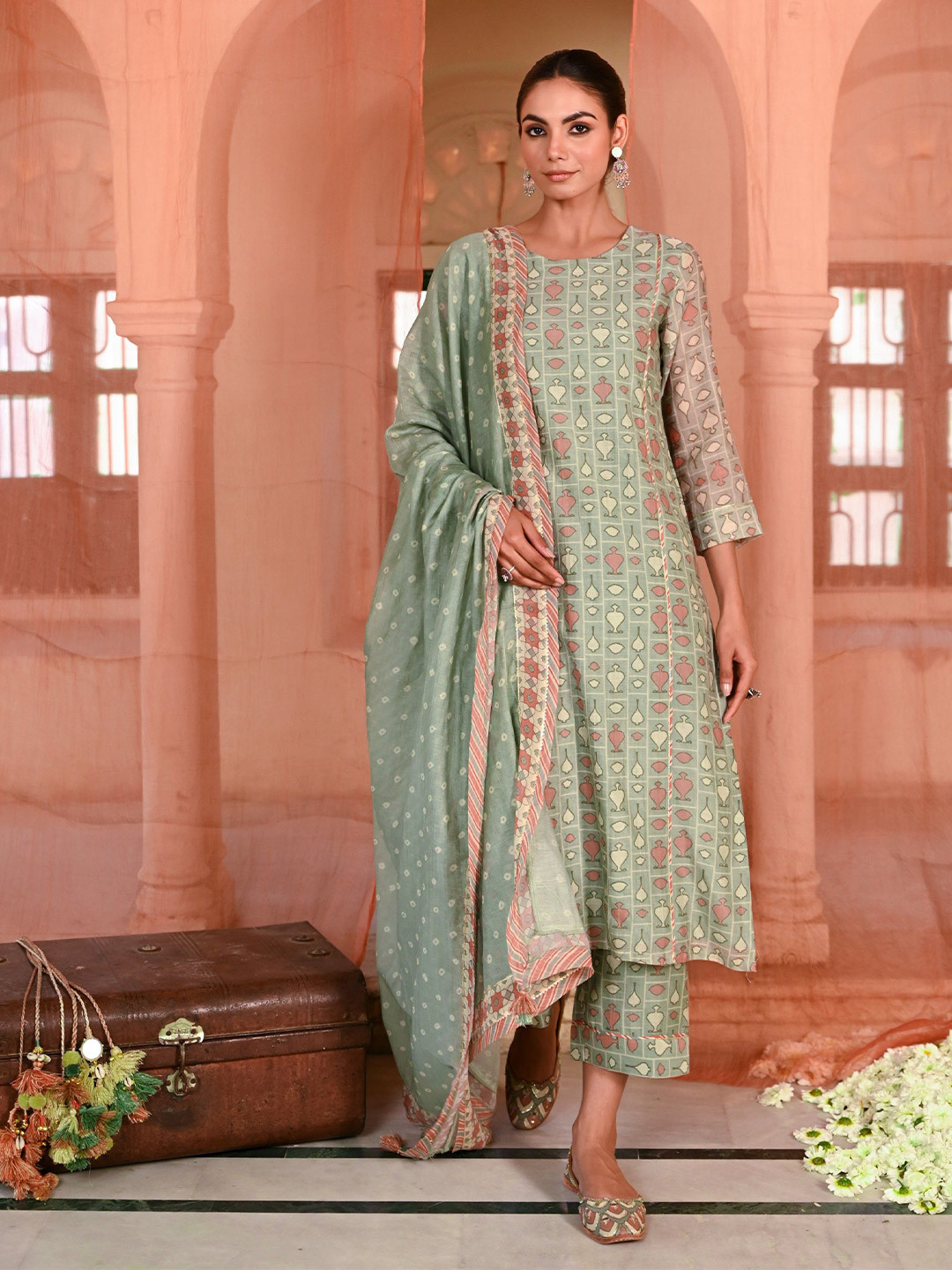 Baise Gaba Neel Kamal Ethnic Motifs Printed Chanderi Cotton Kurta With Palazzo & Dupatta