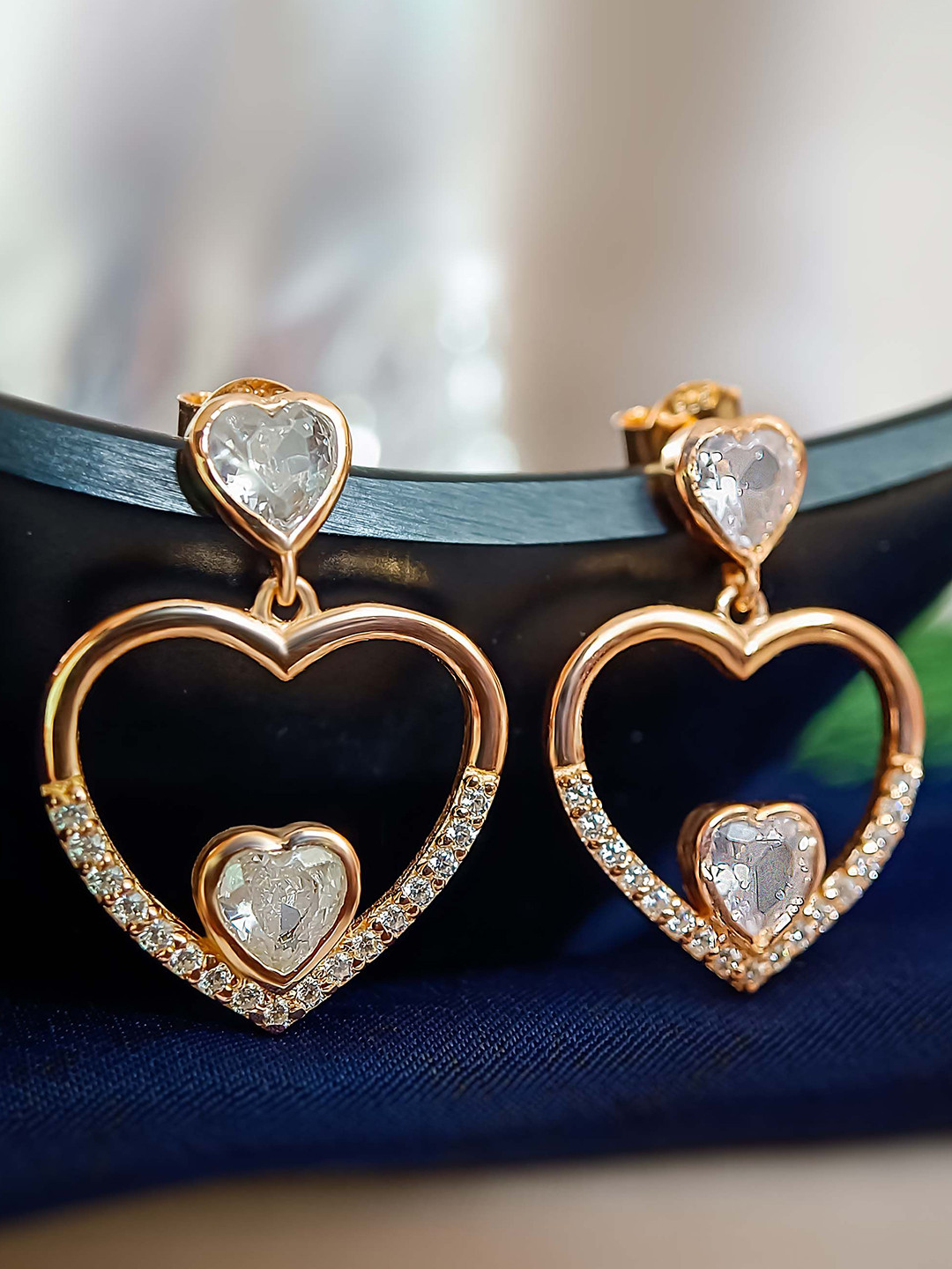 INARI SHINES 925 Sterling Silver Rose Gold Plated Heart Zircon Stones Drop Earrings