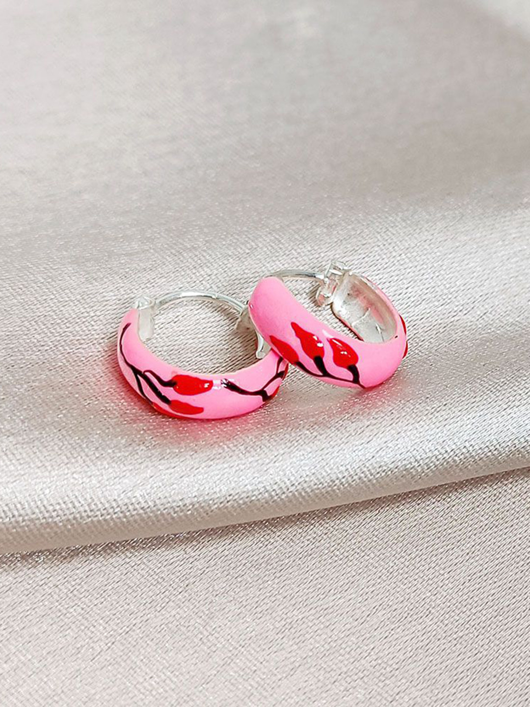 INARI SHINES 925 Sterling Silver Circular Hoop Earrings With Pink Enamel Meena
