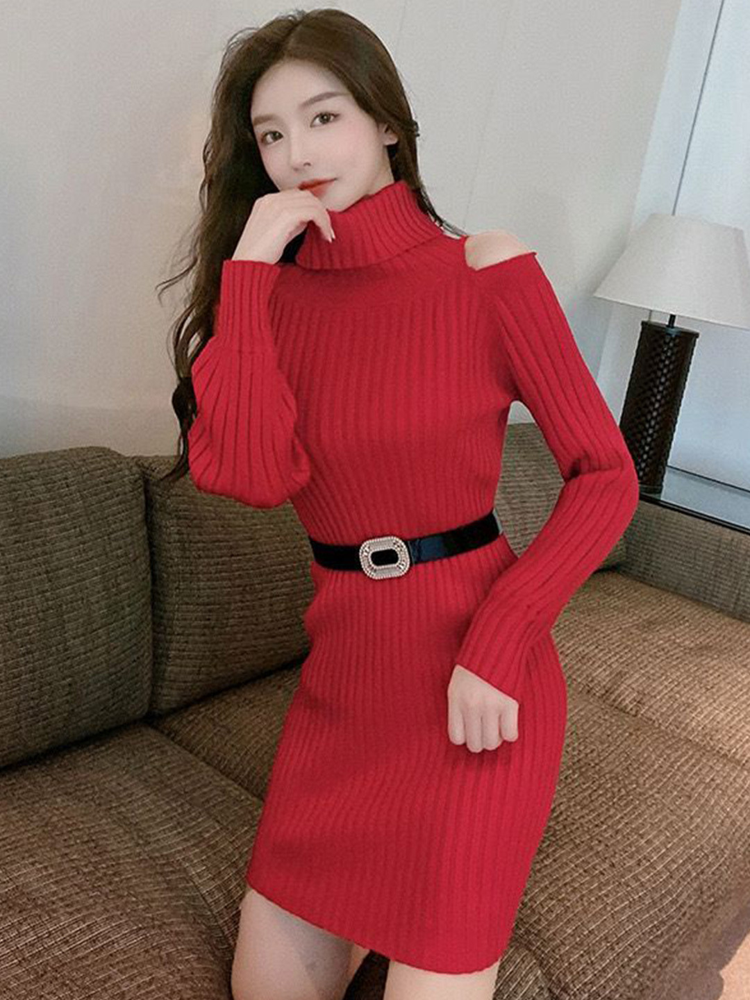 MADE FOR HER LABEL Women Henry Cold Shoulder Knitted Bodycon Mini Dress