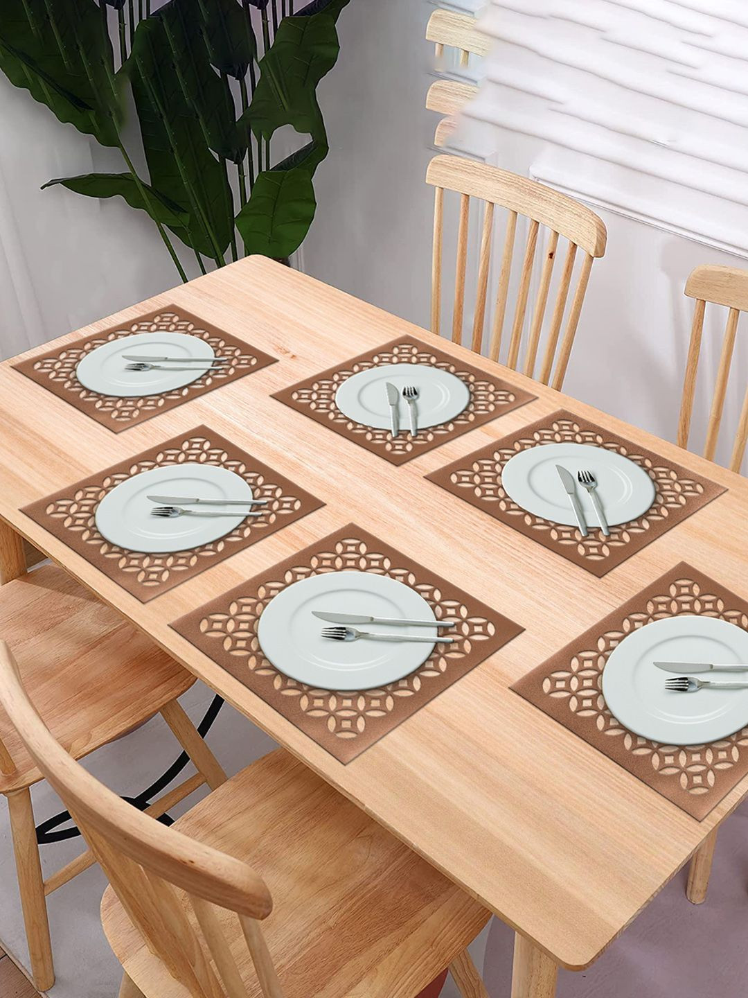 Kuber Industries 6-Pcs Brown Arccircle Design Square Anti-Slip Table Placemats