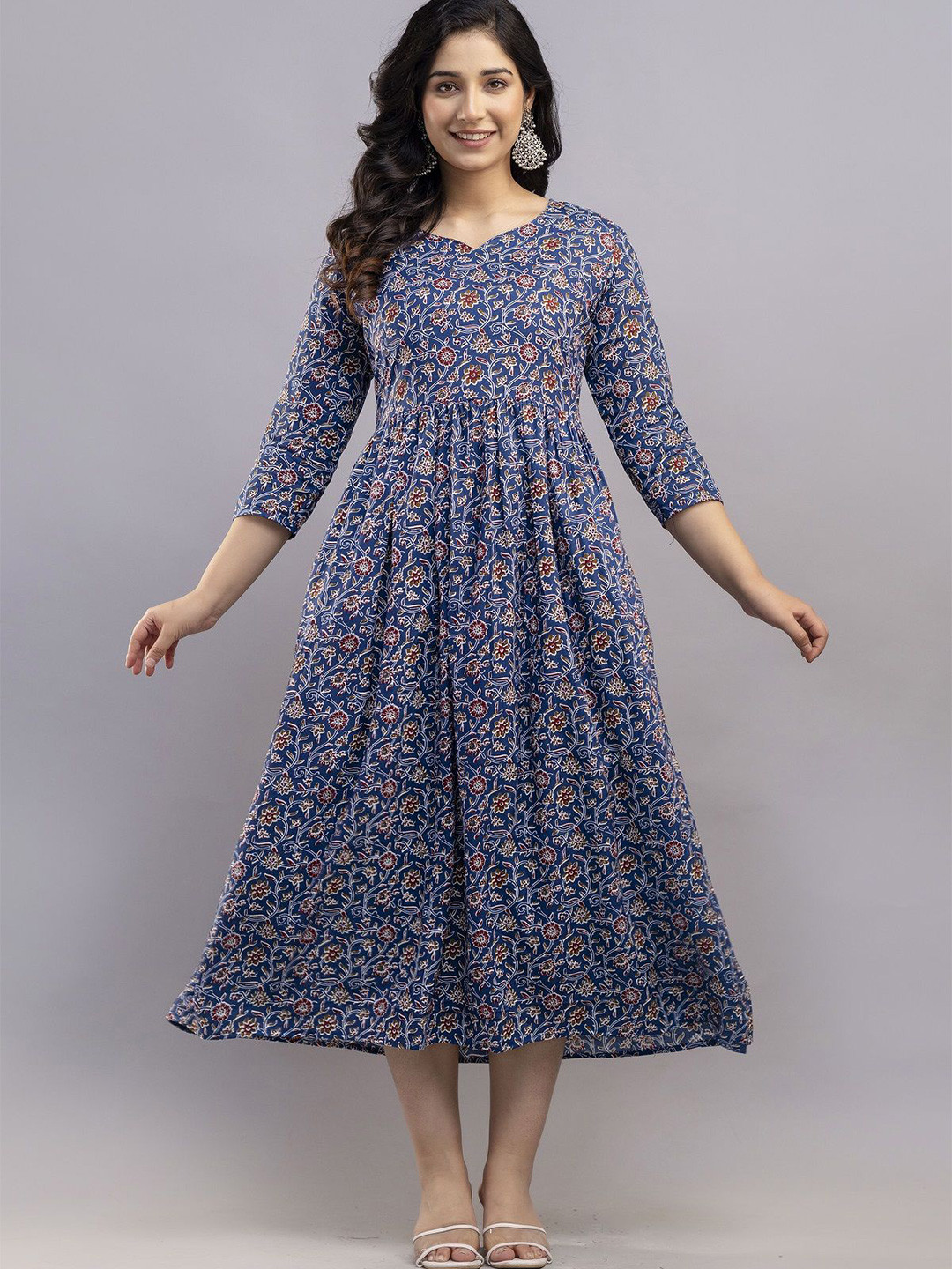 DEVEK Women Printed Cotton Midi Ethnic Dress