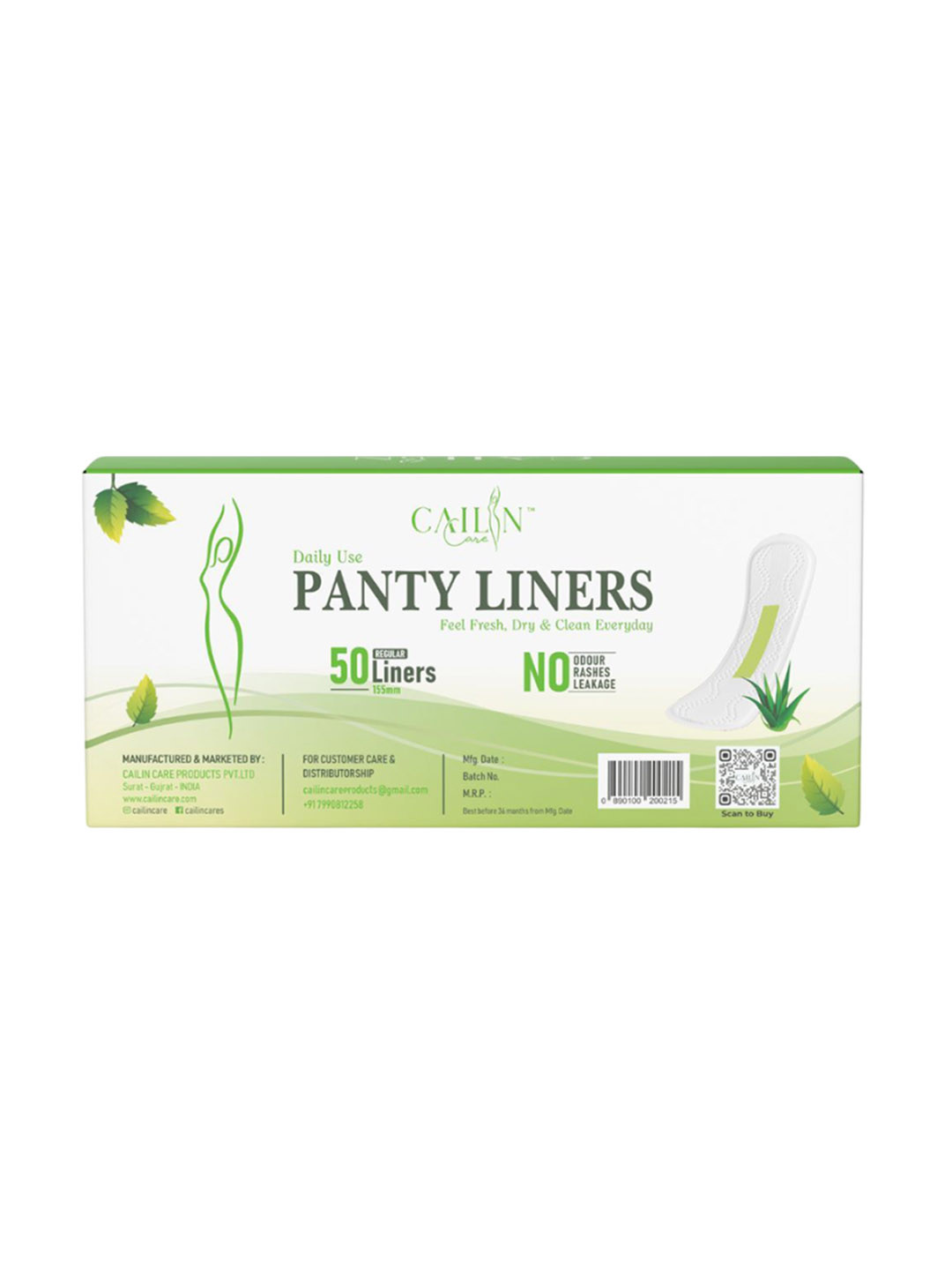 Cailin Care Aloe Vera Infused Soft Cotton Ultra Thin Anion Chip Panty Liners 155mm- 50 Pcs