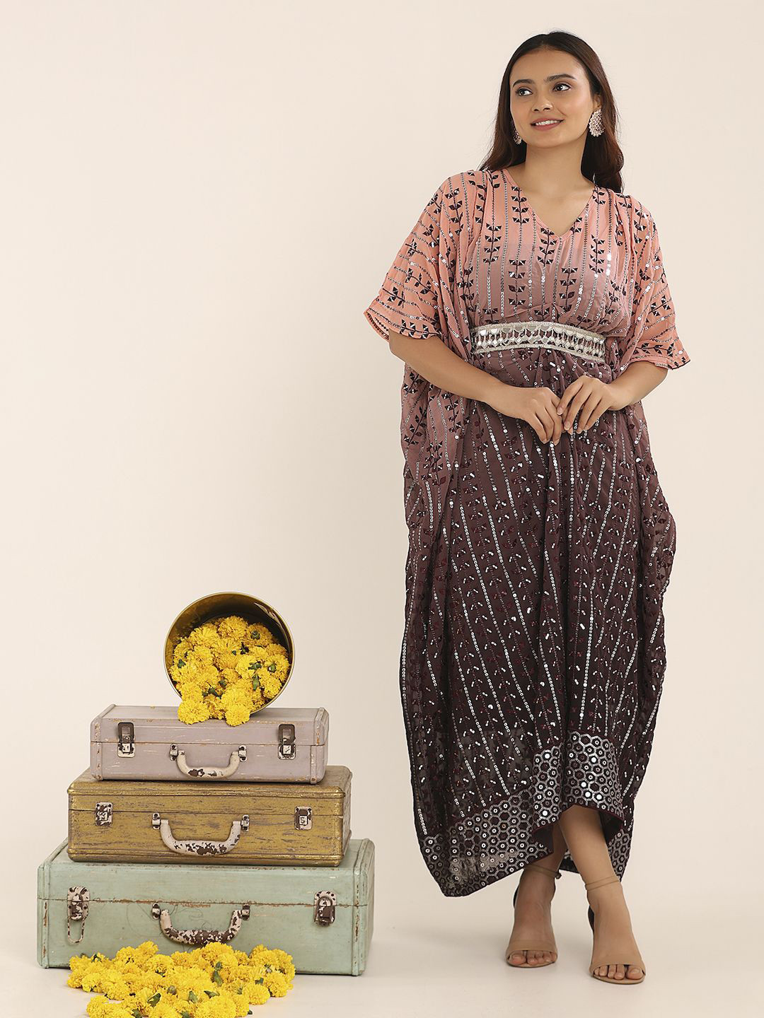 THE BLESSED WARDROBE Women Ombre V-Neck Sequined Kaftan Maxi Dress Comes with a belt