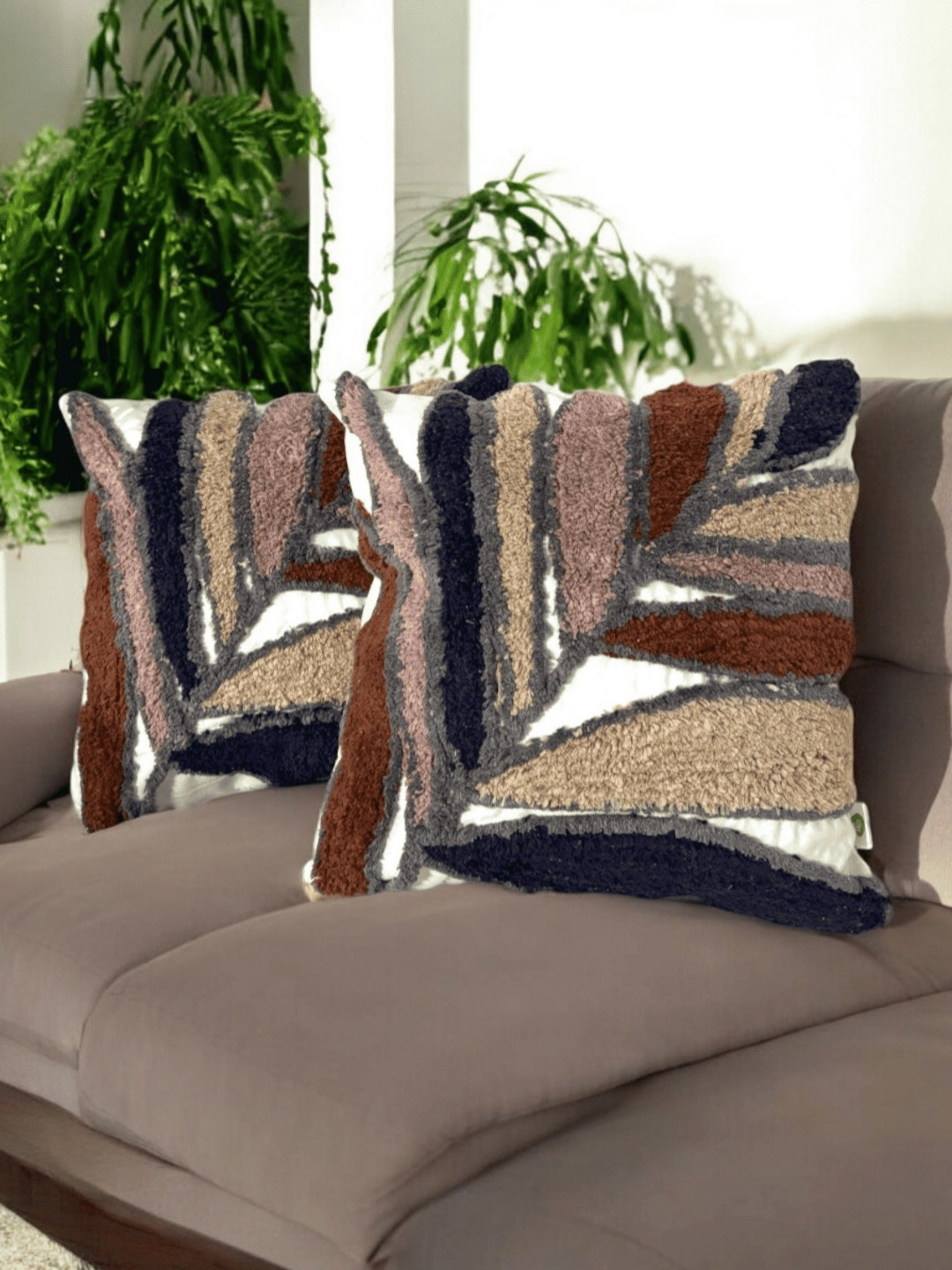 LUSHLYF Chevron Print White Leaf Cotton 2 Piece Embroidered Square Cushion Covers -18x18In