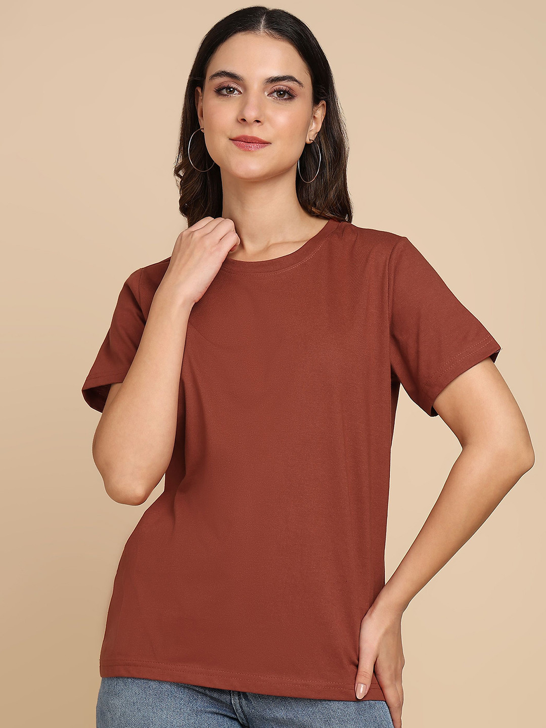 Adyavastram Women Solid Round Neck Cotton T-shirt
