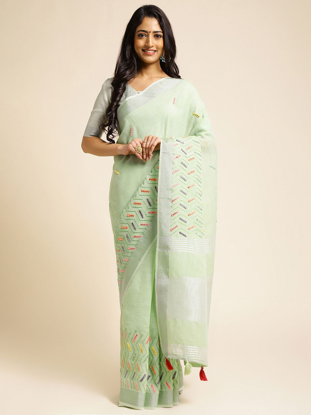 DIVASTRI Mirror Work Woven Zari Linen Saree With Unstitched Blouse Piece