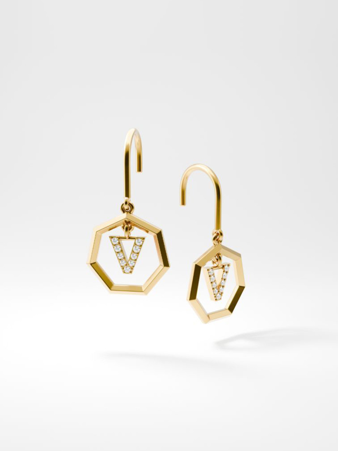 HOUSE OF SEVEN 18k Gold Plated Letter V Geometric Shaped American Diamond Drop Earrings