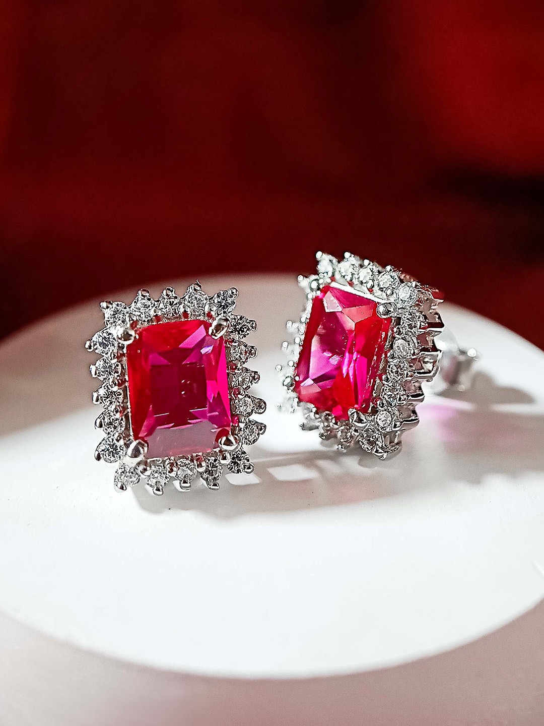 INARI SHINES Women 925 Sterling Silver Rhodium-Plated Ruby Studded Square Studs