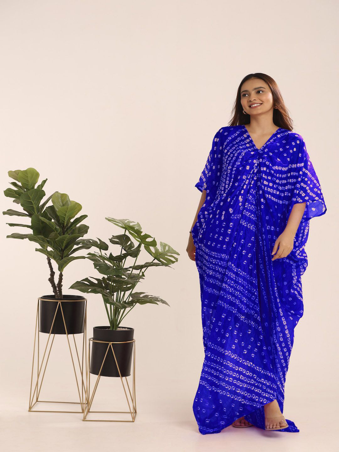THE BLESSED WARDROBE Pleated Bandhni Printed Satin Kaftan Maxi Dress