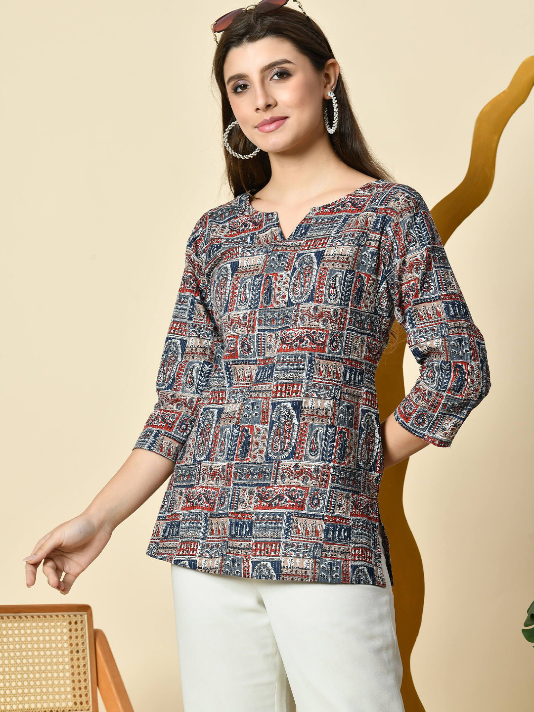 ao services Women V Neck Three-Quarter Sleeves Printed Tunic