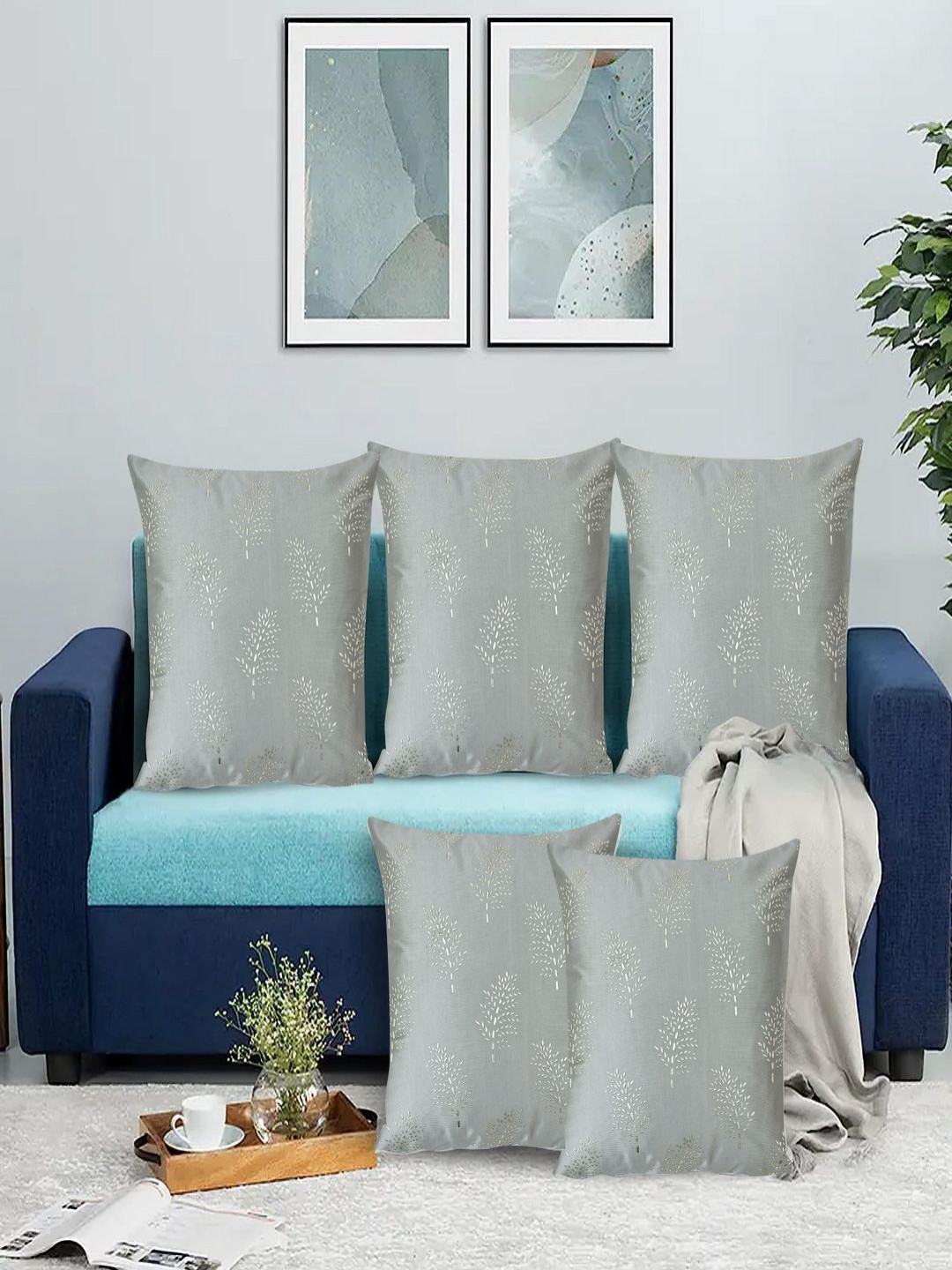 RRC Grey & Silver-Toned Set of 5 Velvet Square Cushion Covers