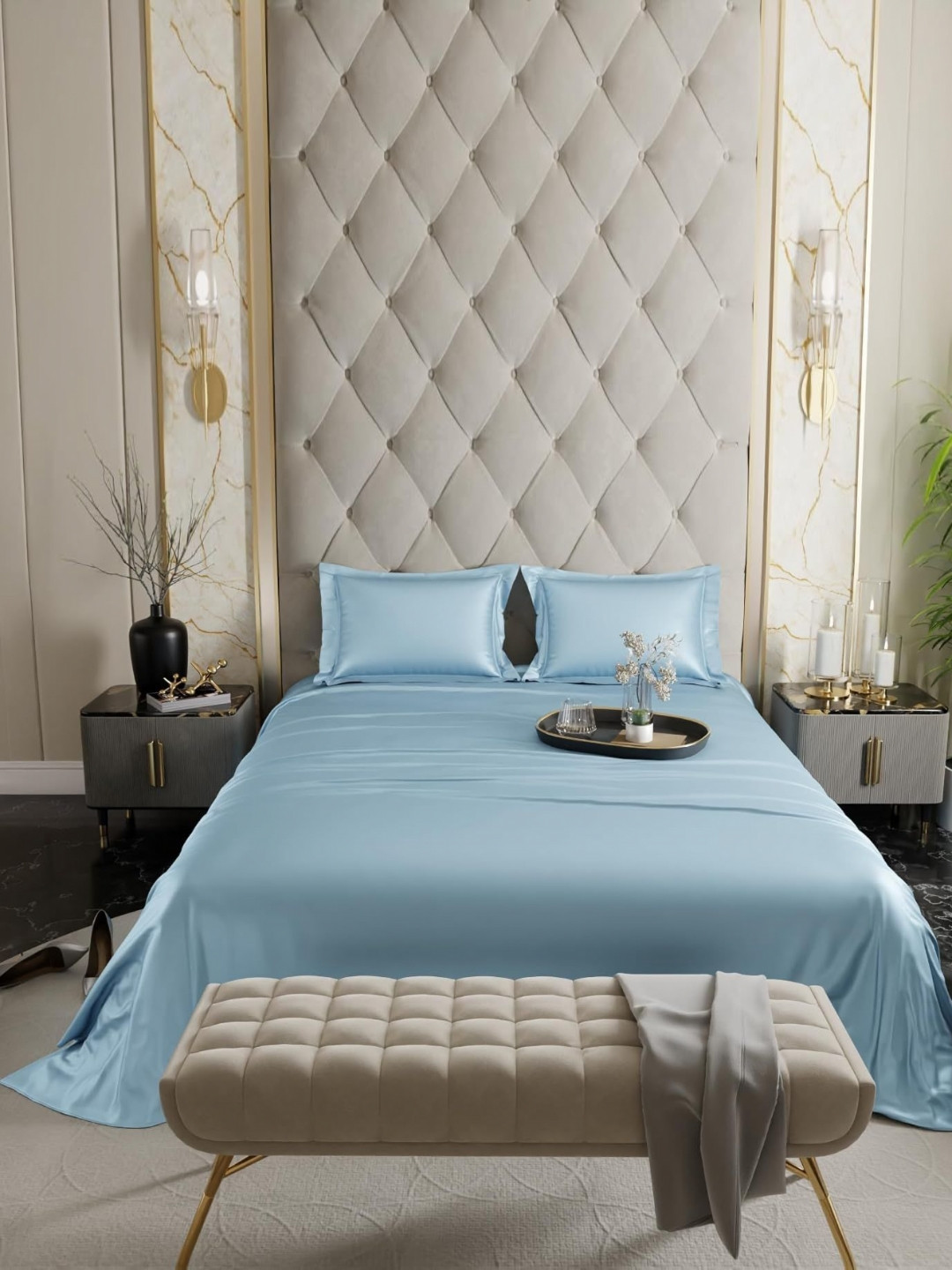 Myntra Elegant Homes Gloss Blue Solid Cotton Skin-Friendly 300 TC King Fine Bedsheet with 2 Pillow Covers-250 x 220 cm