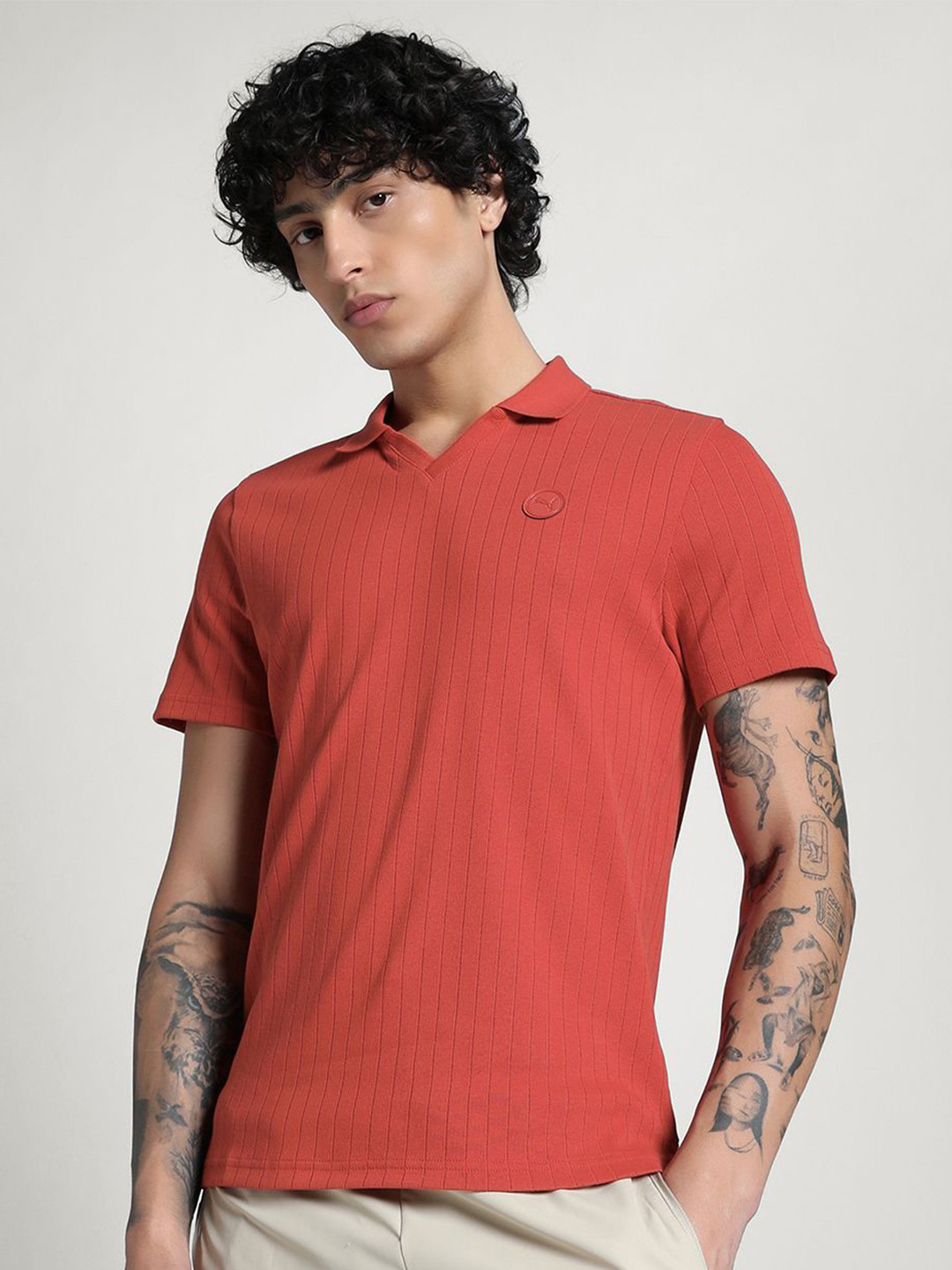 Puma Men Premium Essentials Ribbed Polo Collar Cotton T-Shirt