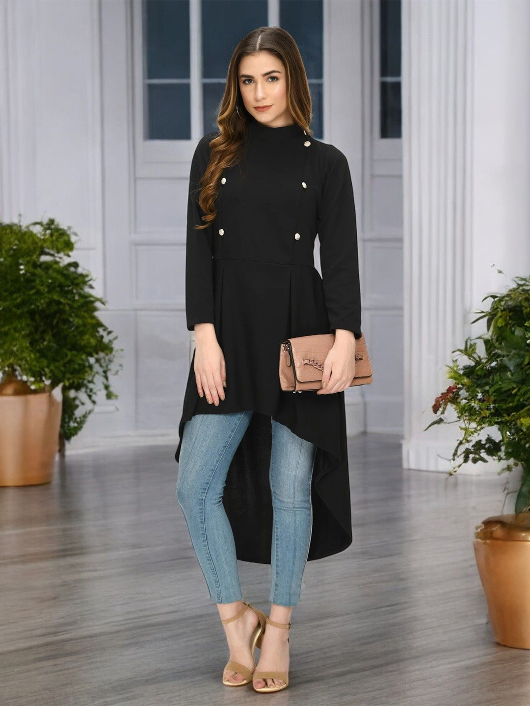 BAESD Women High Neck Long Sleeves High-Low Longline Top