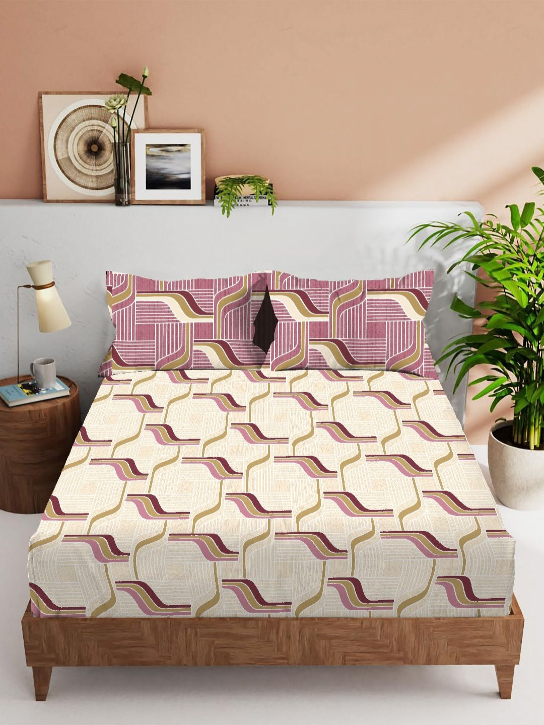 VINTANA Forever White Abstract Cotton Fade-Resistant 160 TC Queen Bedsheet with 2 Pillow Covers-100 x 90 inches