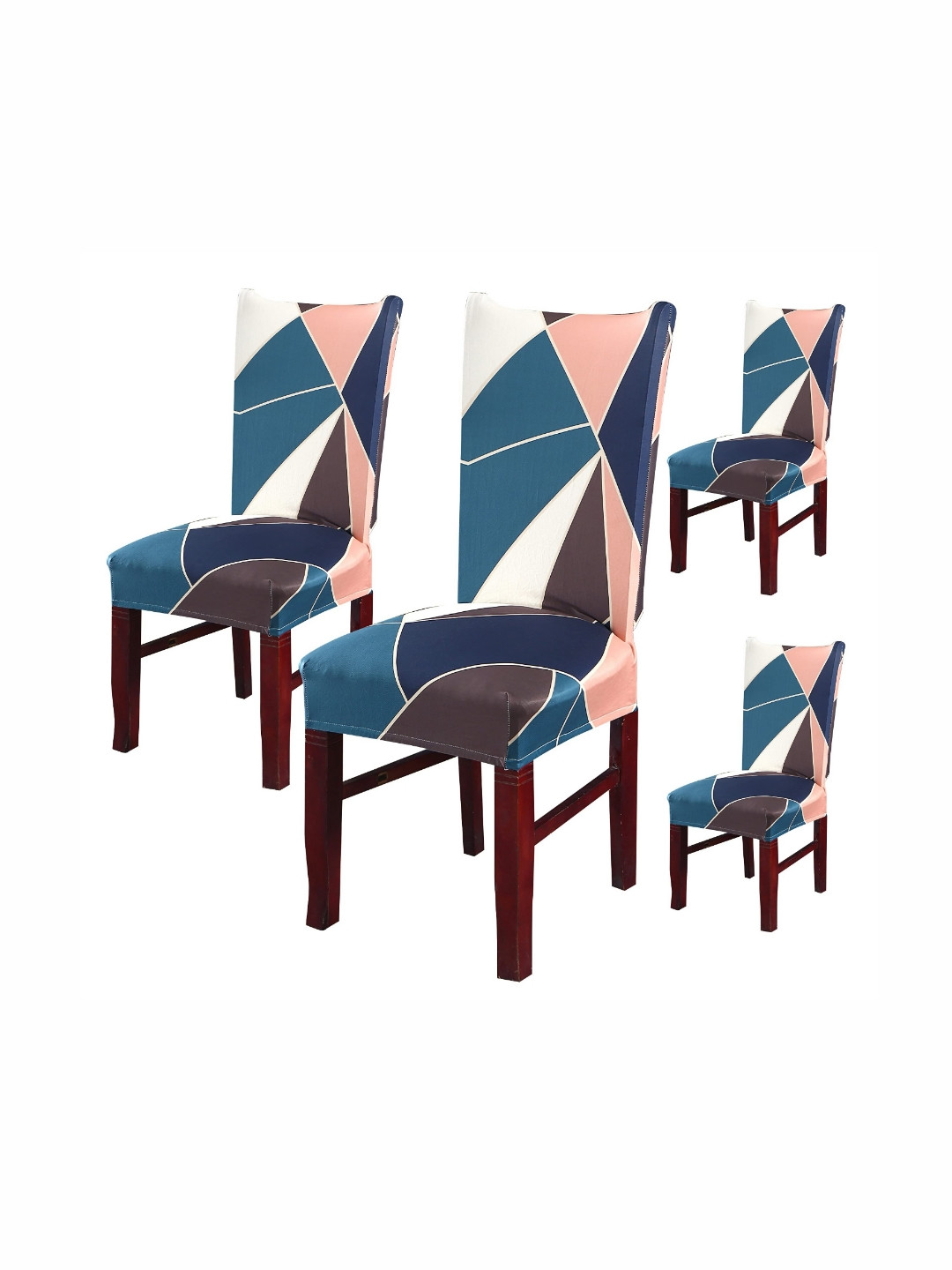 FAVRIA Peach Colored & Blue 4 Pieces Geometric Printed Stretchable Dining Chair Covers