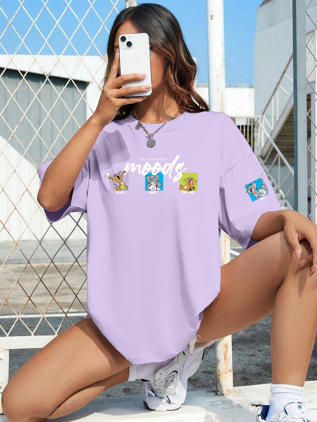 TOGS & TERRE Women Tom & Jerry Graphic Printed Round Neck Cotton Oversized T-shirt