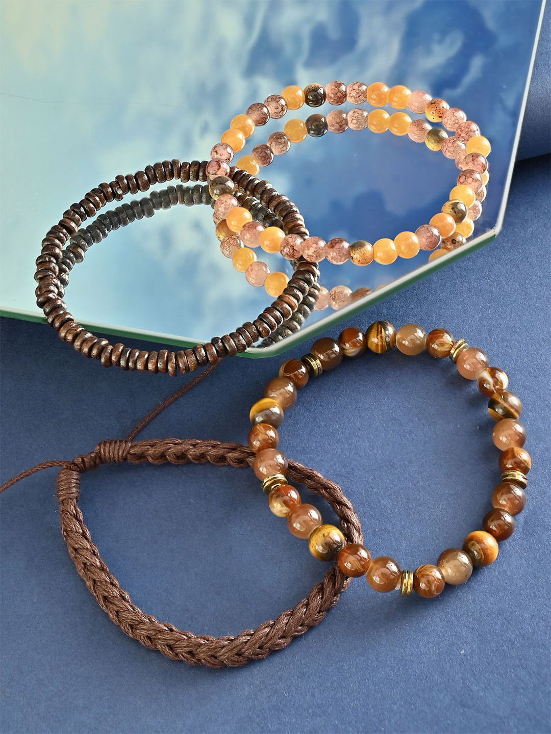 The Bro Code Set of 4 Brown Beaded & Braided Casual Bracelets for Men