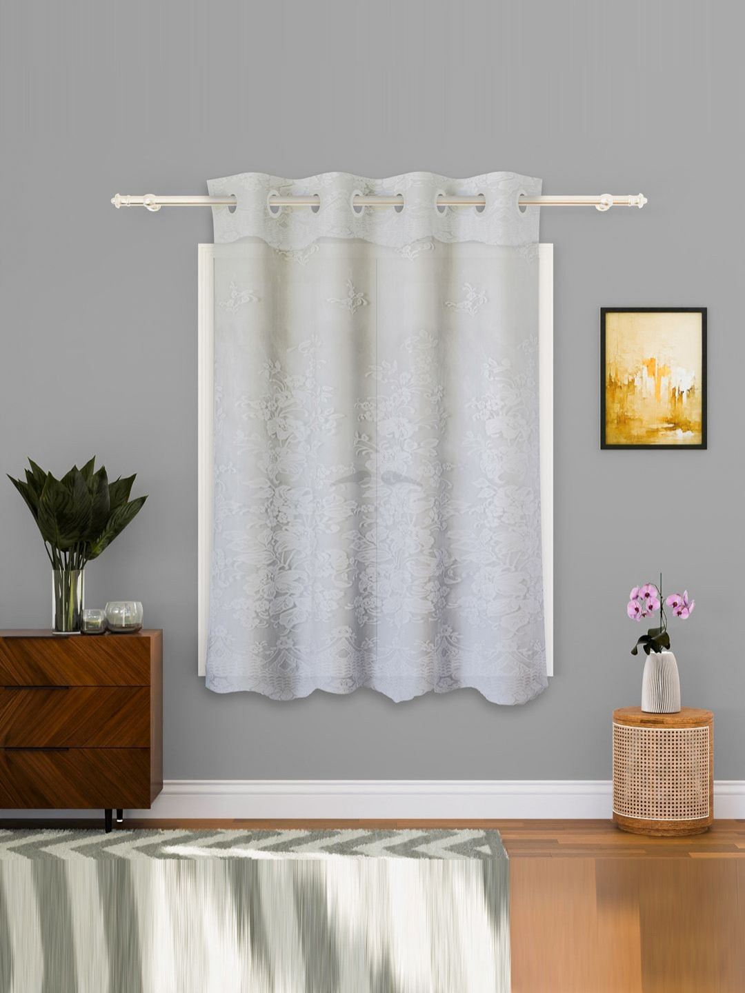 Aura White Floral 5 Feet Stylish Light Control & Pests Preventive Window Curtain