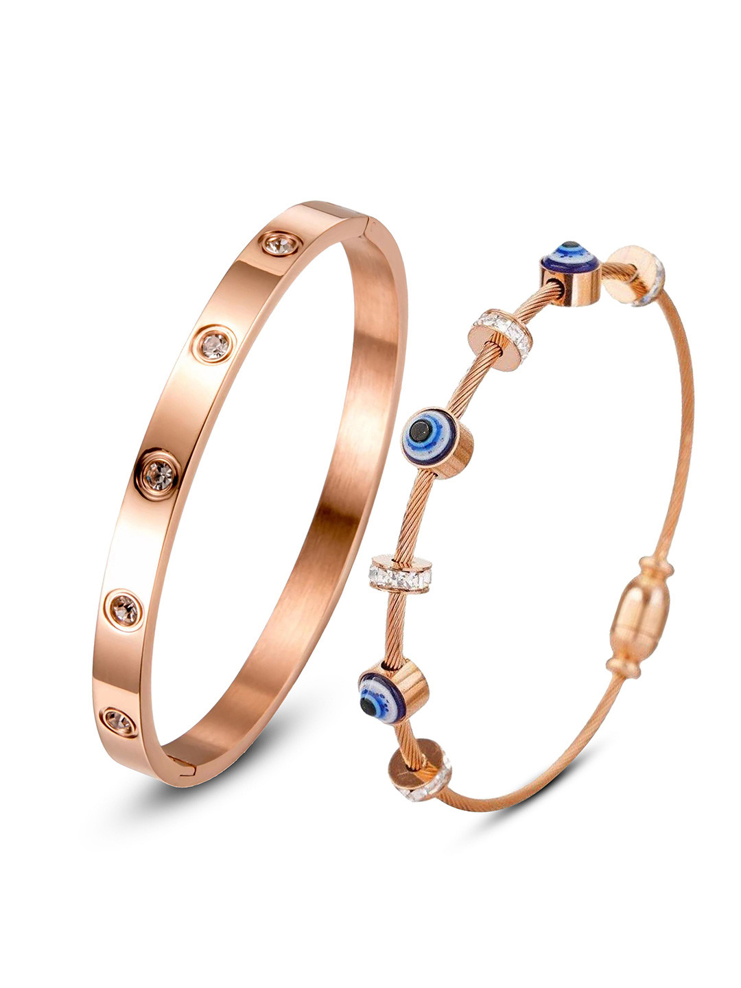 DressBerry Set Of 2 Gold-Plated American Diamond Studded Evil Eye Kada Bracelet