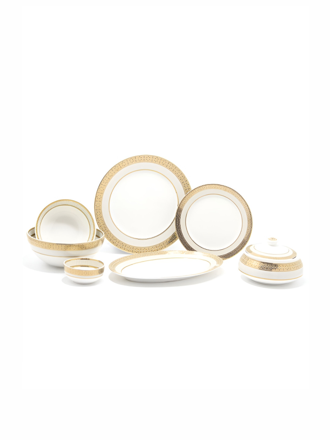 Naqsh Living Dru Collection White Geometric Porcelain Highlighted with4k Gold Print 22 Piece Dinner Set