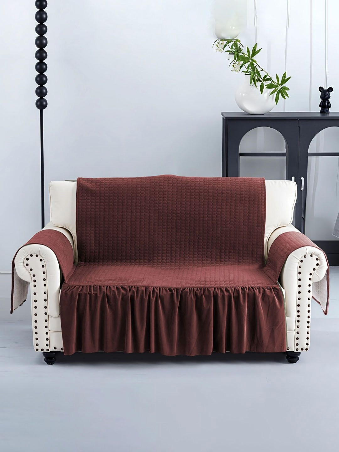 Aura Maroon Velvet 1 Piece 2 Seater Soft Velvet Full Sofa Cover with Pocket Arms