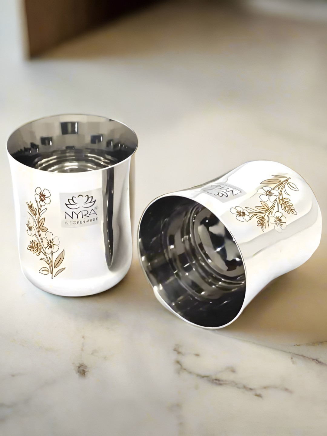 Nyra Kitchenware Silver Toned 2 Pieces Laser Floral Stainless Steel Water Glass 350ML Each