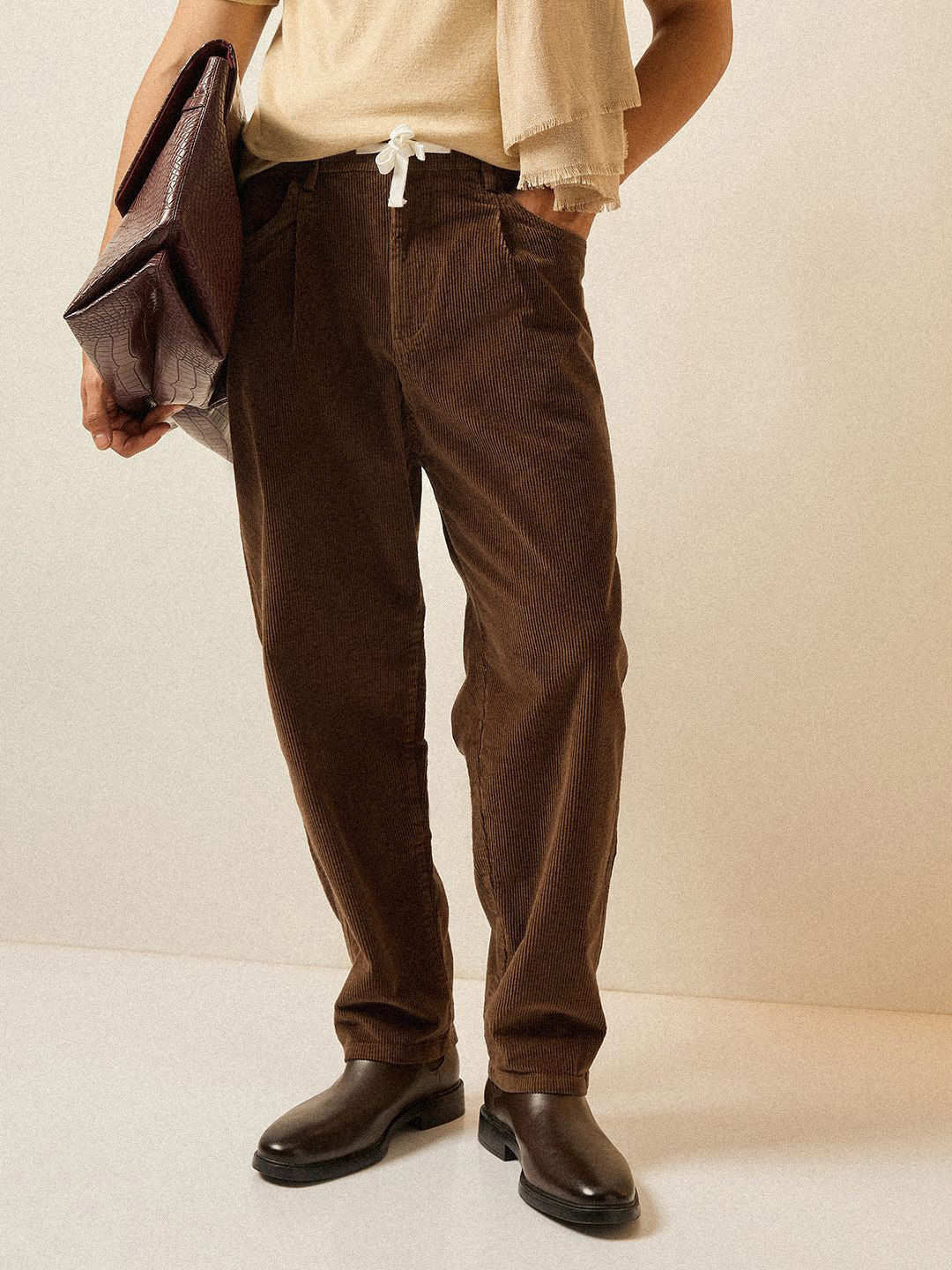 THE BEAR HOUSE Men Baggy Fit Corduroy Pants with Drawstring Waist