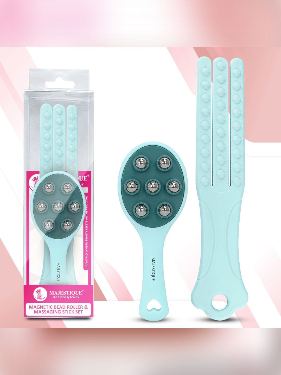 MAJESTIQUE Set Of 2 Double Sided Body Massager Stick & 7 Bead Roller Ball