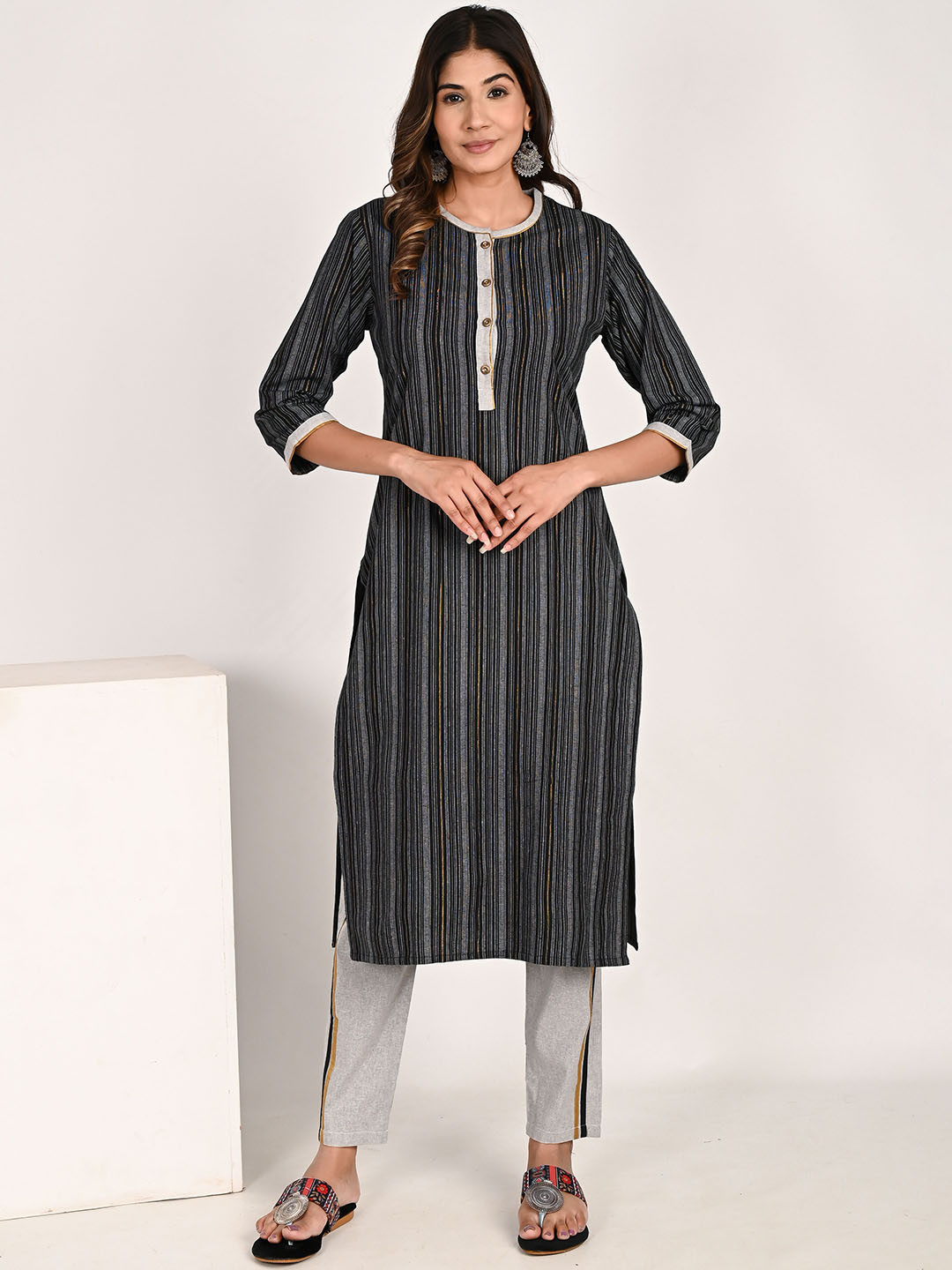 The Hope Striped Round Neck Pure Cotton Straight Kurta With Trousers